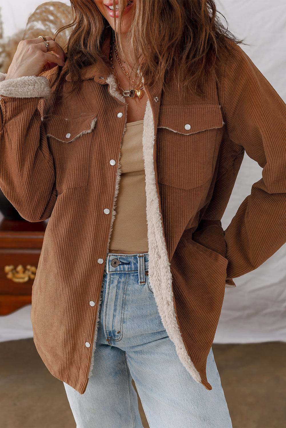 Cinnamon Fleece Lined Buttoned Flap Pockets Corduroy Jacket🤎