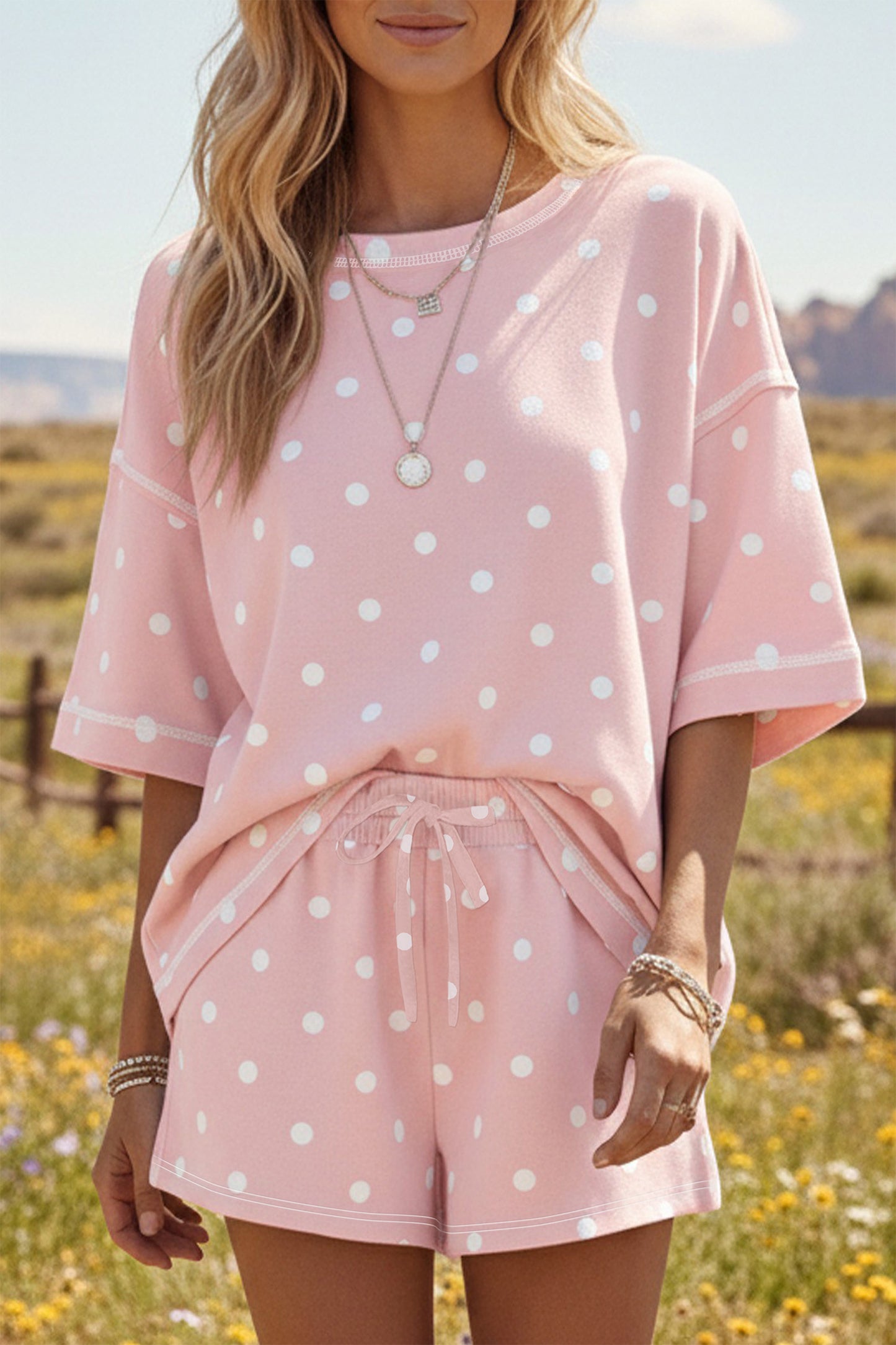 Sky Blue Exposed Seam Detail Polka Dot Loose Tee Drawstring Shorts Set