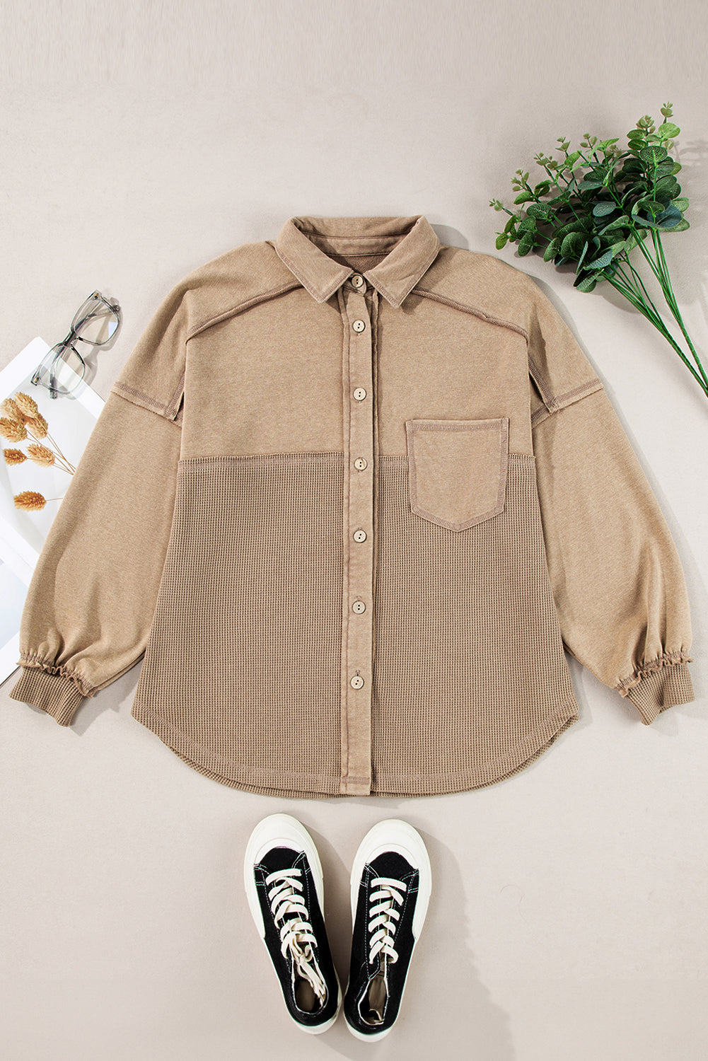 Goat Mineral Wash Textured Patchwork Loose Fit Shacket🤍