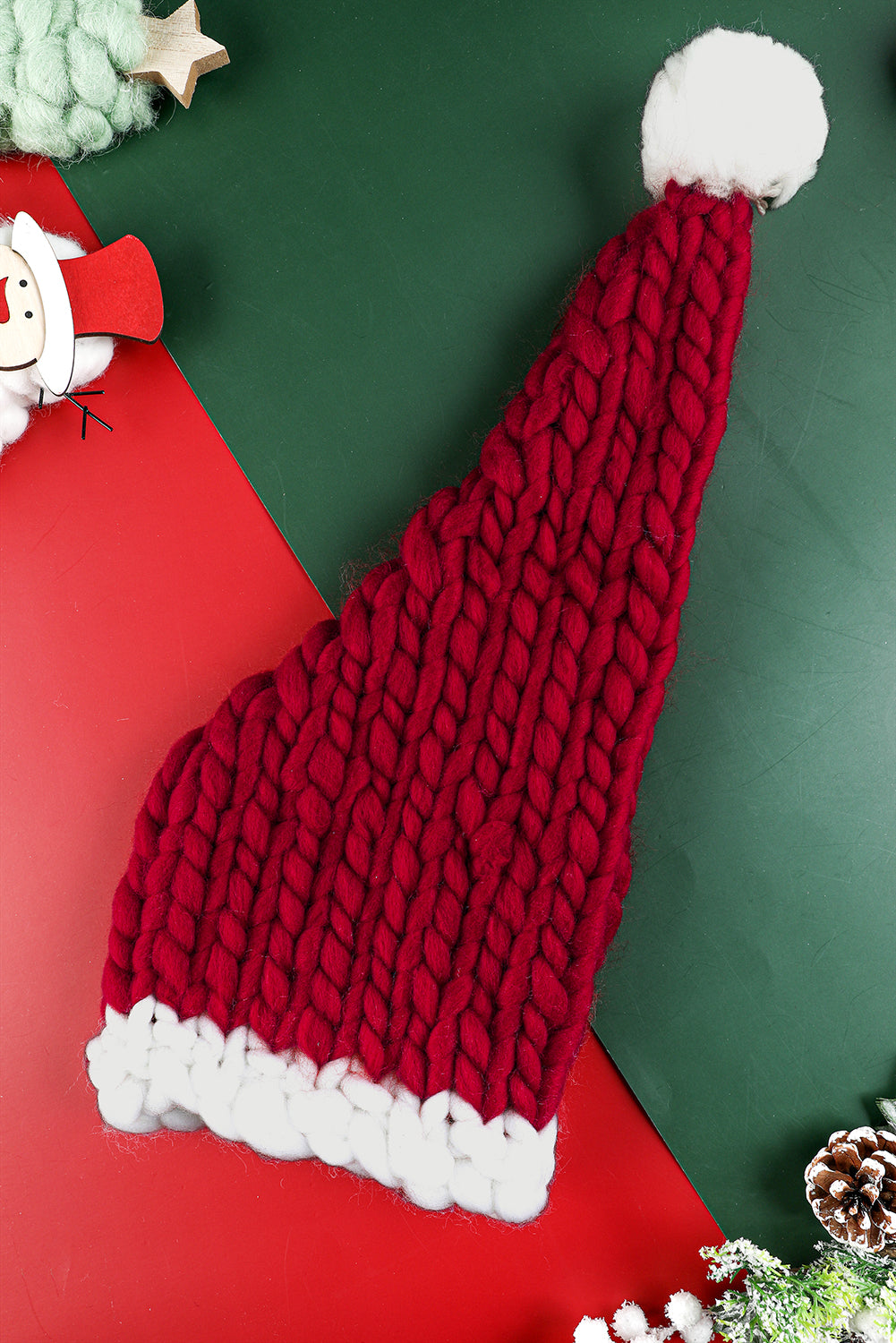 Red Dahlia Color Block Pom Pom Decor Chunky Knitted Christmas Hat🤶🏻🎁