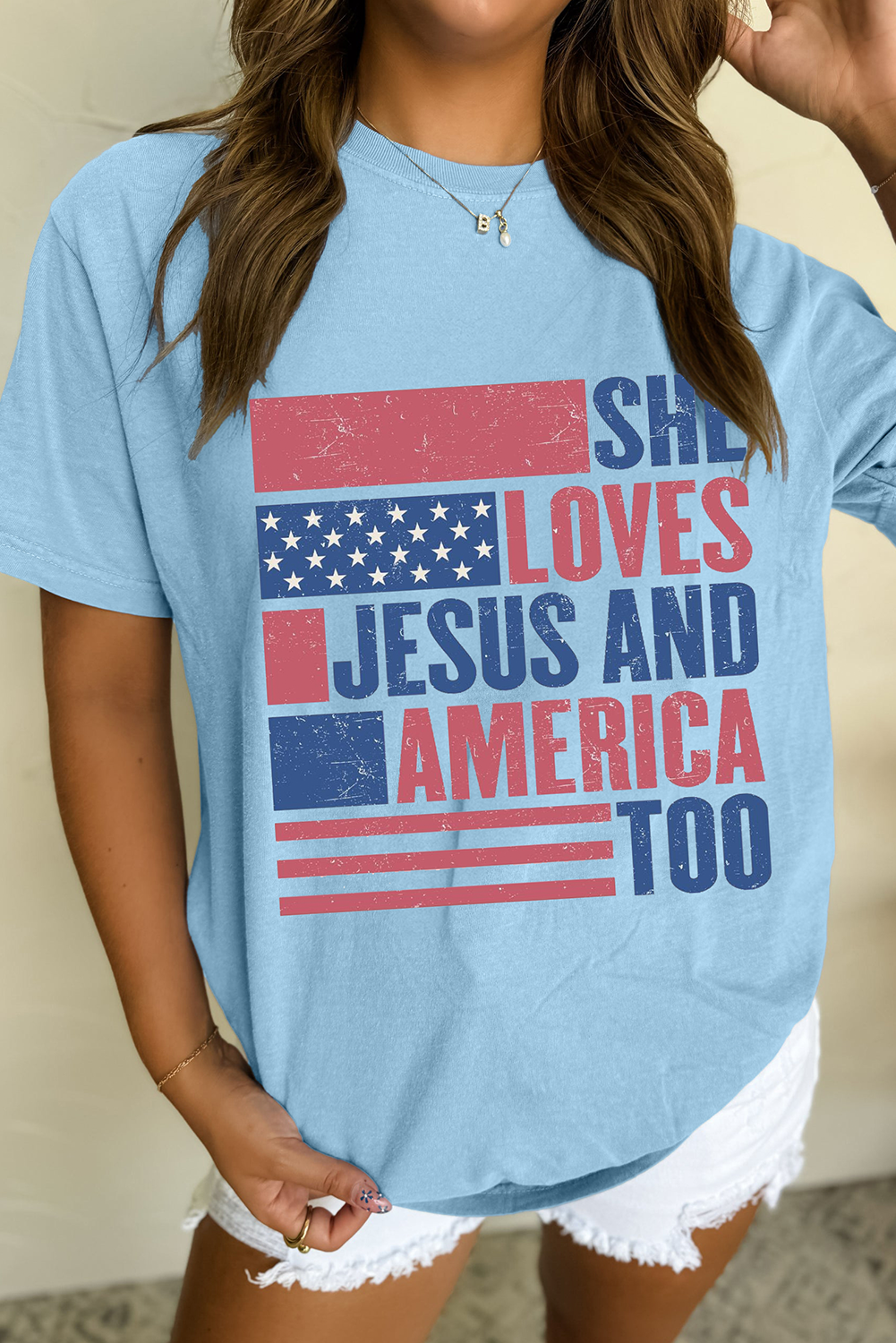 Light Blue SHE LOVES JESUS AND AMERICA TOO Heat Transfer Printing Patriotic T Shirt 🇺🇸