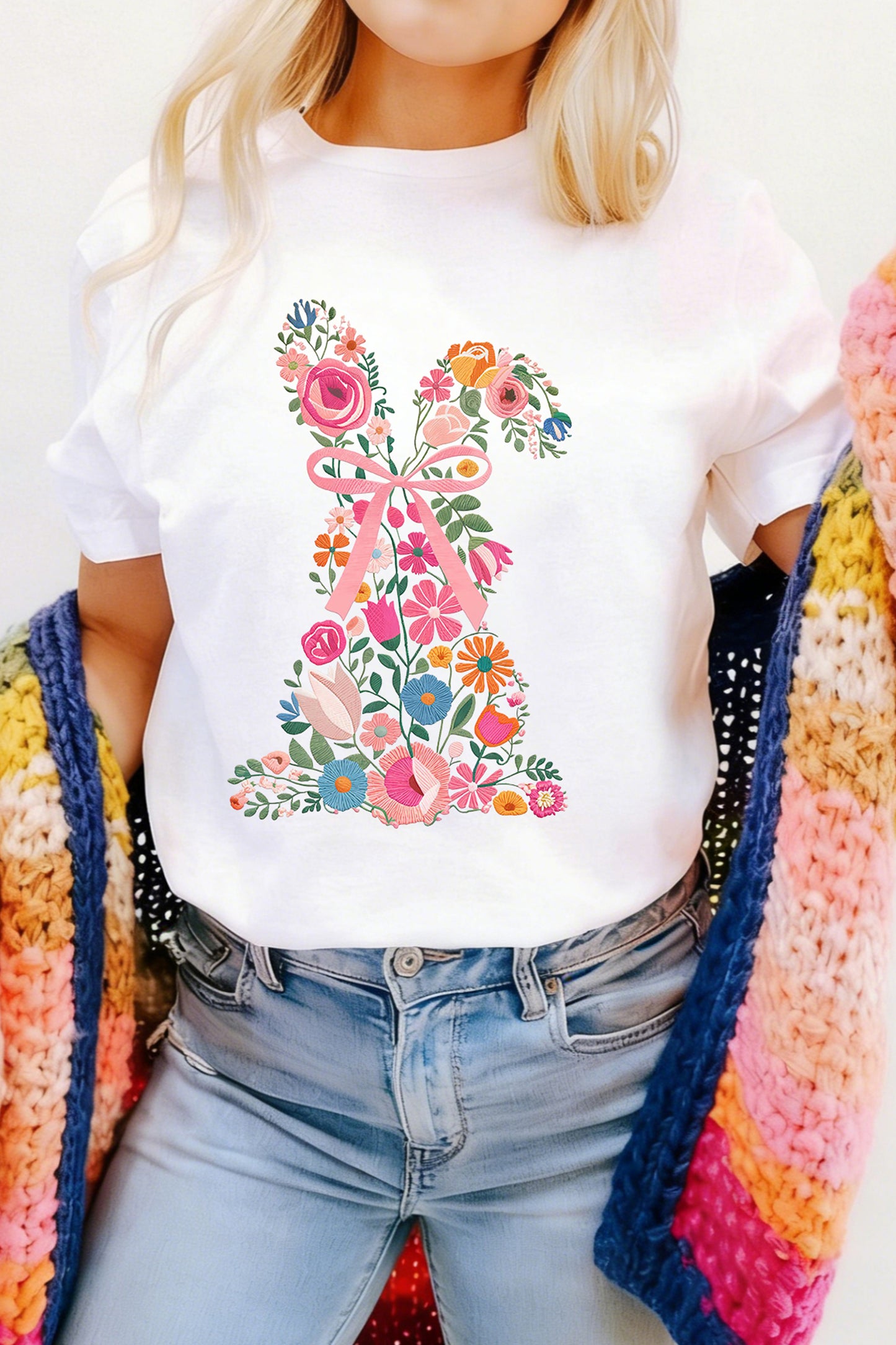 White Floral Easter Bunny Casual Graphic Tee🐰🌸💕
