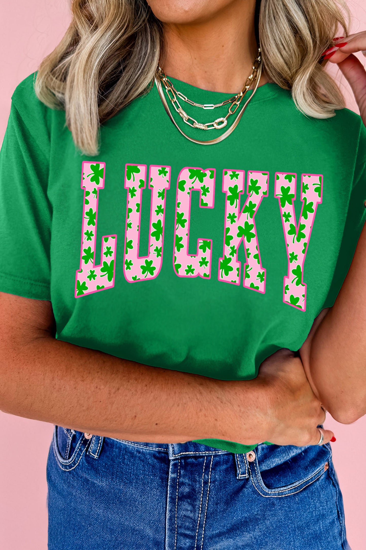 Bright Green LUCKY Clover Letter Printed Crew Neck T Shirt🍀