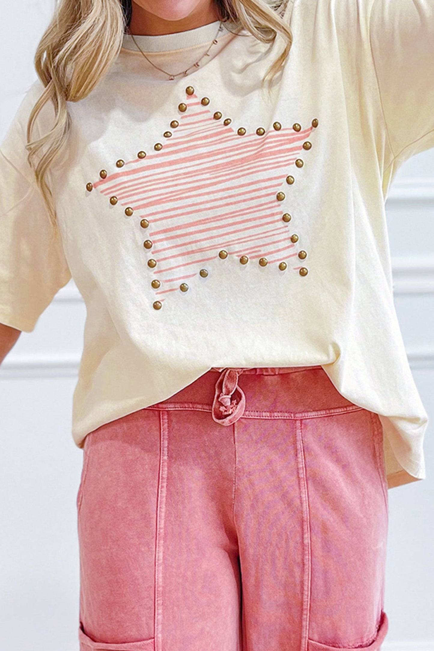 Beige Star Print Stud Detail Cotton Jersey Top🌟