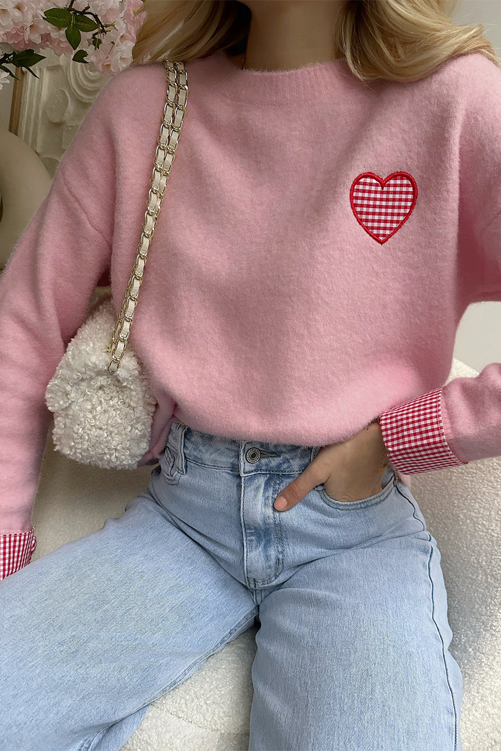Light Pink Plaid Heart Embroidered Cuffed Drop Shoulder Crew Neck Sweater 💓