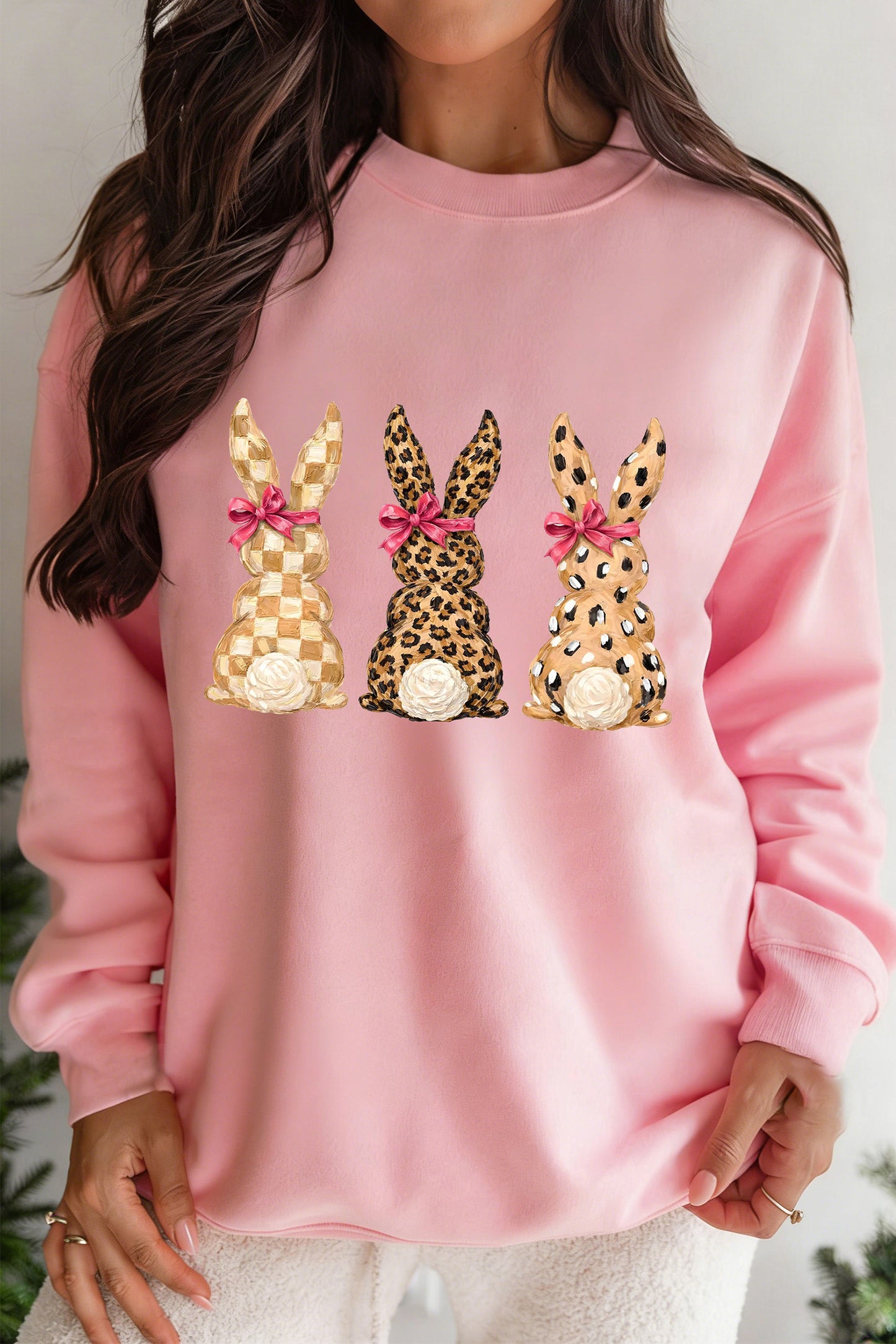 Pink Checkered Leopard Easter Bunny Dropped Shoulder Sweatshirt🐰💕