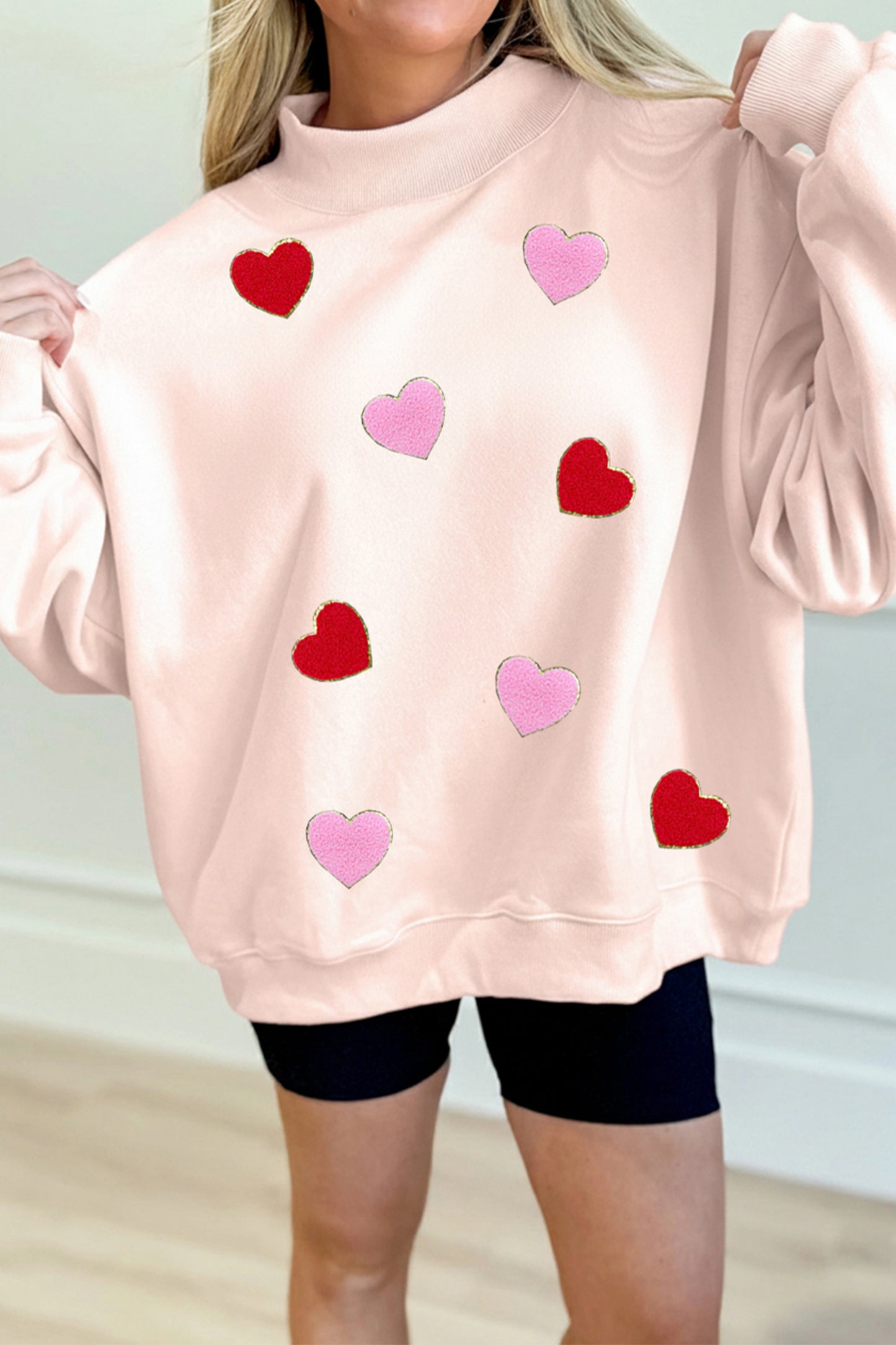 Apricot Pink Glitter Trim Chenille Heart Patched Mock Neck Sweatshirt💕