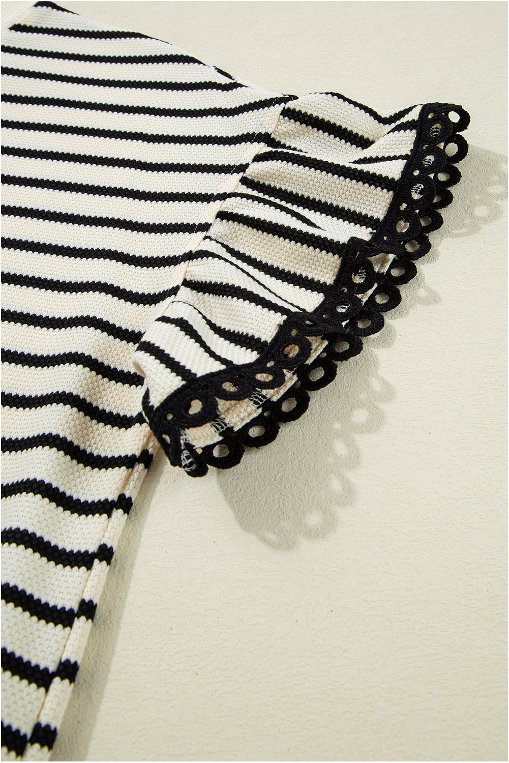 Black Stripe Scallop Lace Trim Ruffle Sleeves Crewneck Top