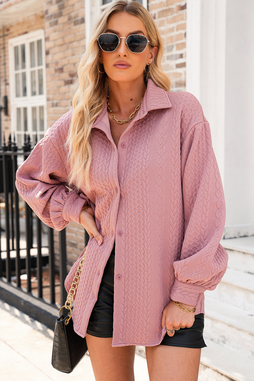 Sepia Rose Cable Texture Puff Sleeve Loose Shacket🌸