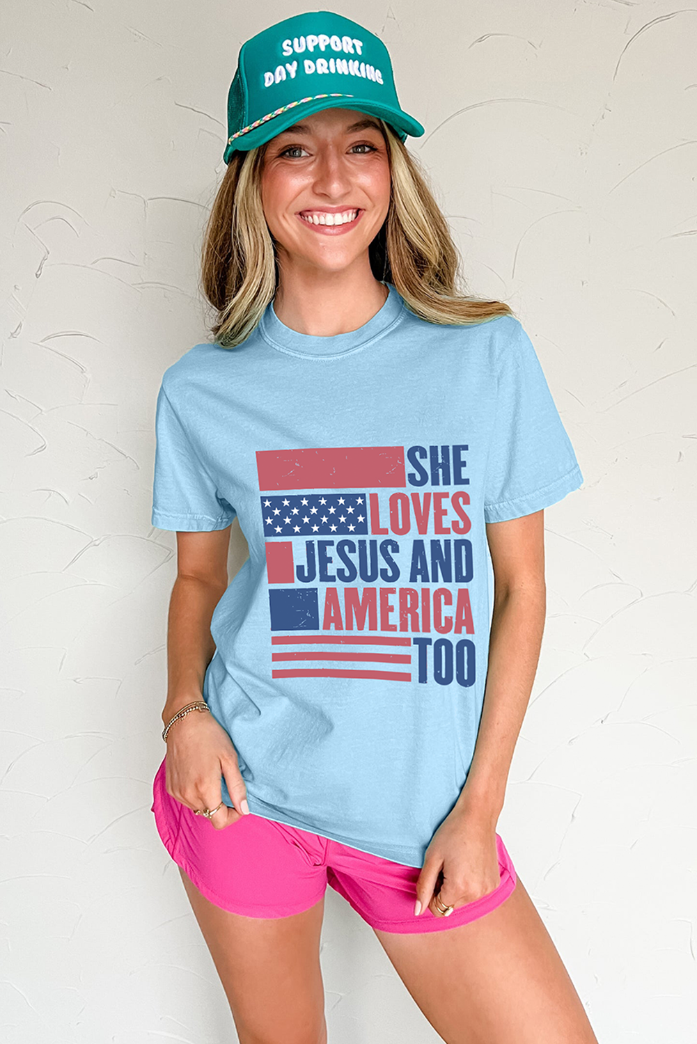 Light Blue SHE LOVES JESUS AND AMERICA TOO Heat Transfer Printing Patriotic T Shirt 🇺🇸