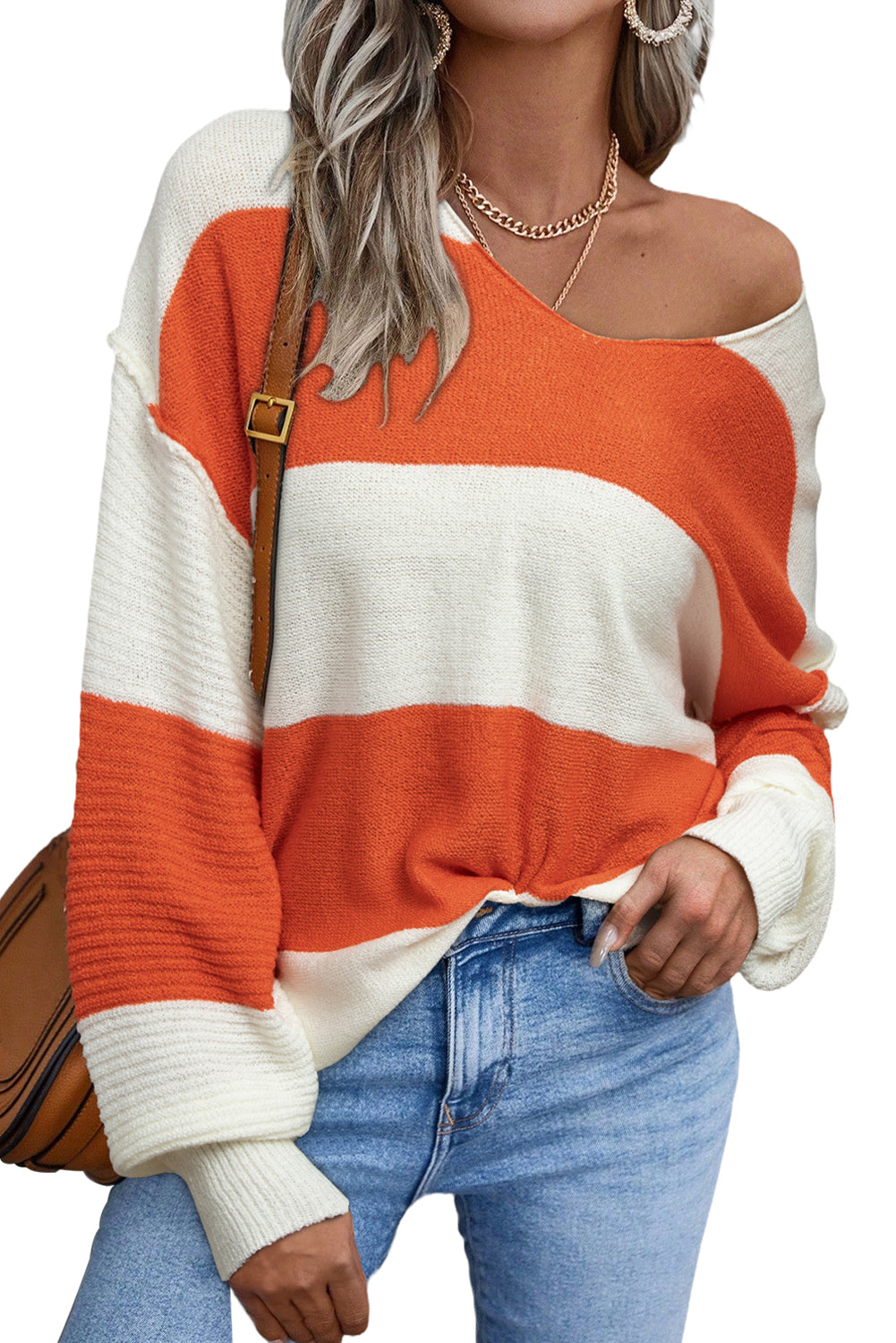 Red Stripe Colorblock V Neck Side Slits Sweater♥️