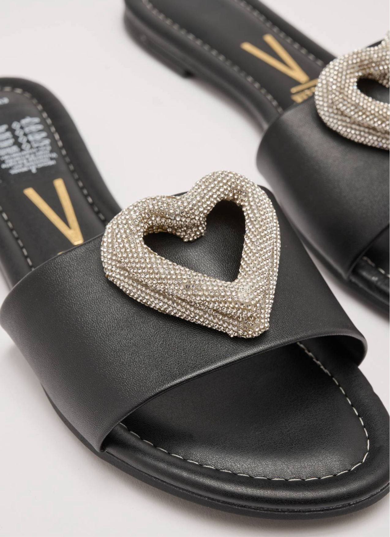 VIZZANO flat black sandals with decorative silver heart🖤