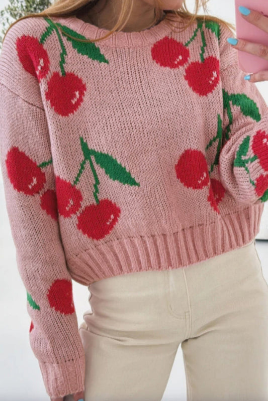 🍒Pink Cherry 🍒 Print Round Neck Knit Sweater 🍒