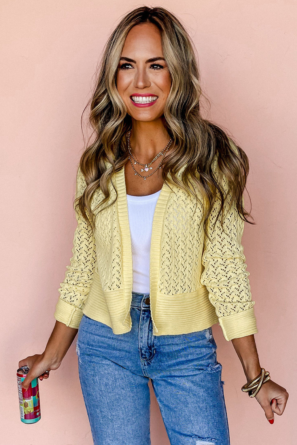 Yellow Cream Pointelle Knit Open Front Short Cardigan✨