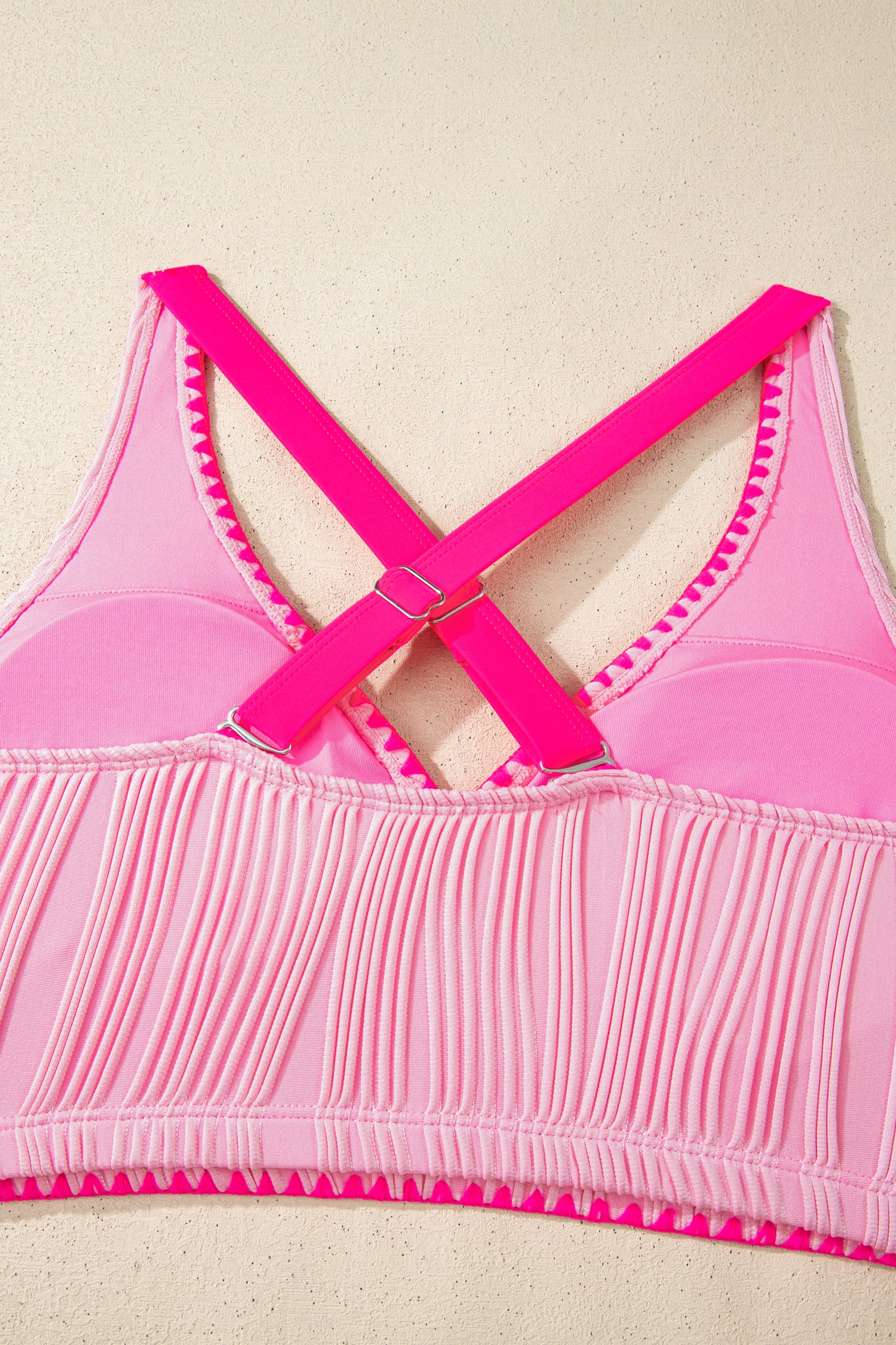 Pink Shell Stitched Trim V Neck Textured Mix and Match High Waist Bikinis