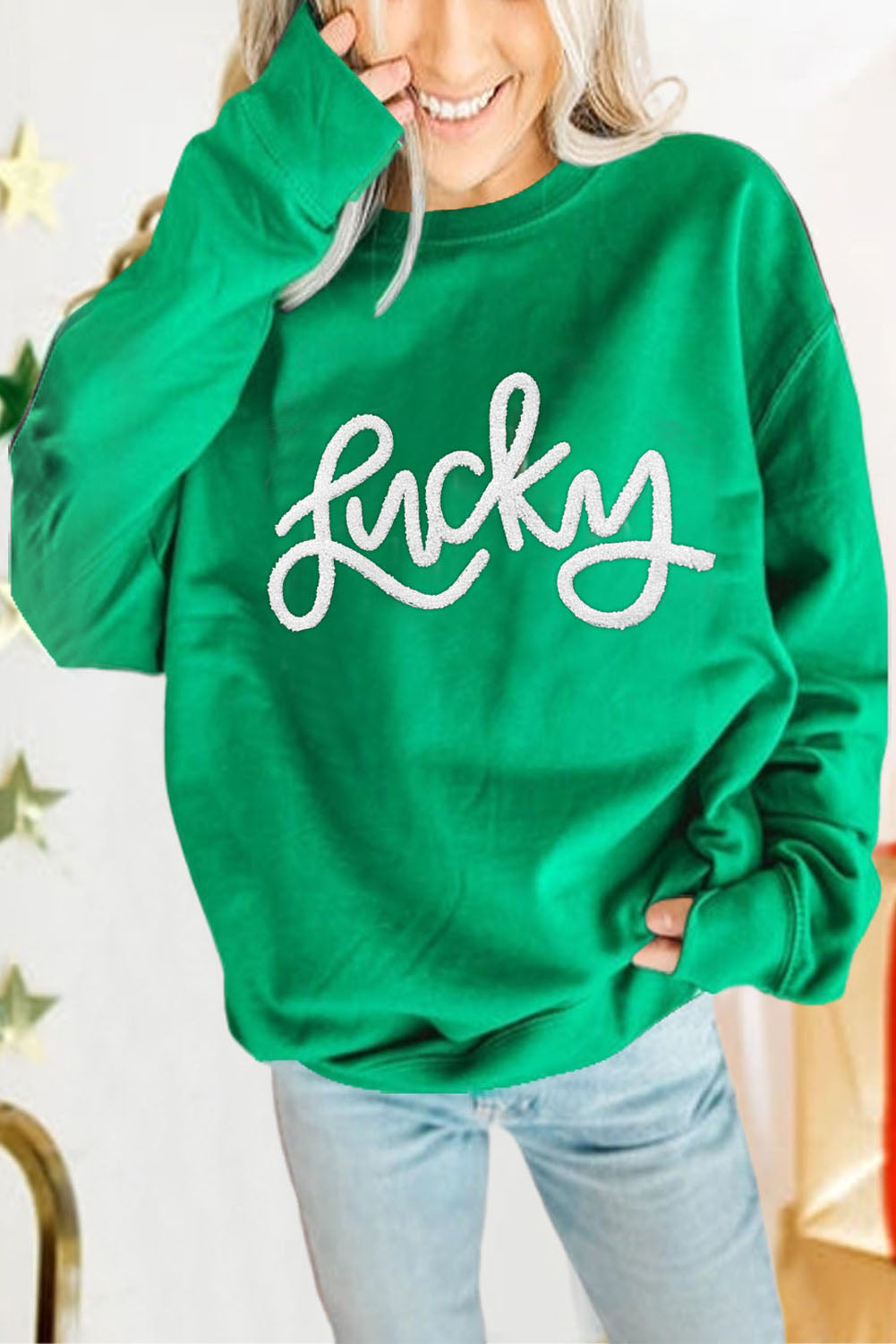 Green Lucky Letter Embroidery Print Drop Sleeve Sweatshirt☘️