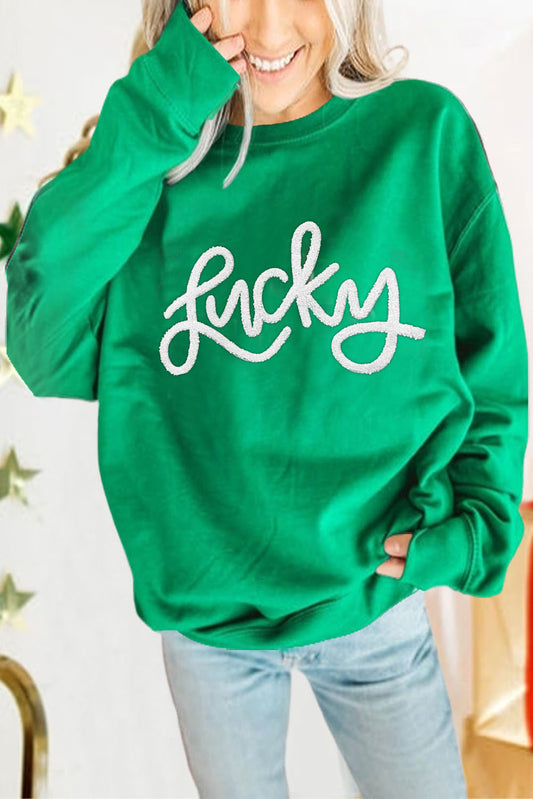 Green Lucky Letter Embroidery Print Drop Sleeve Sweatshirt☘️