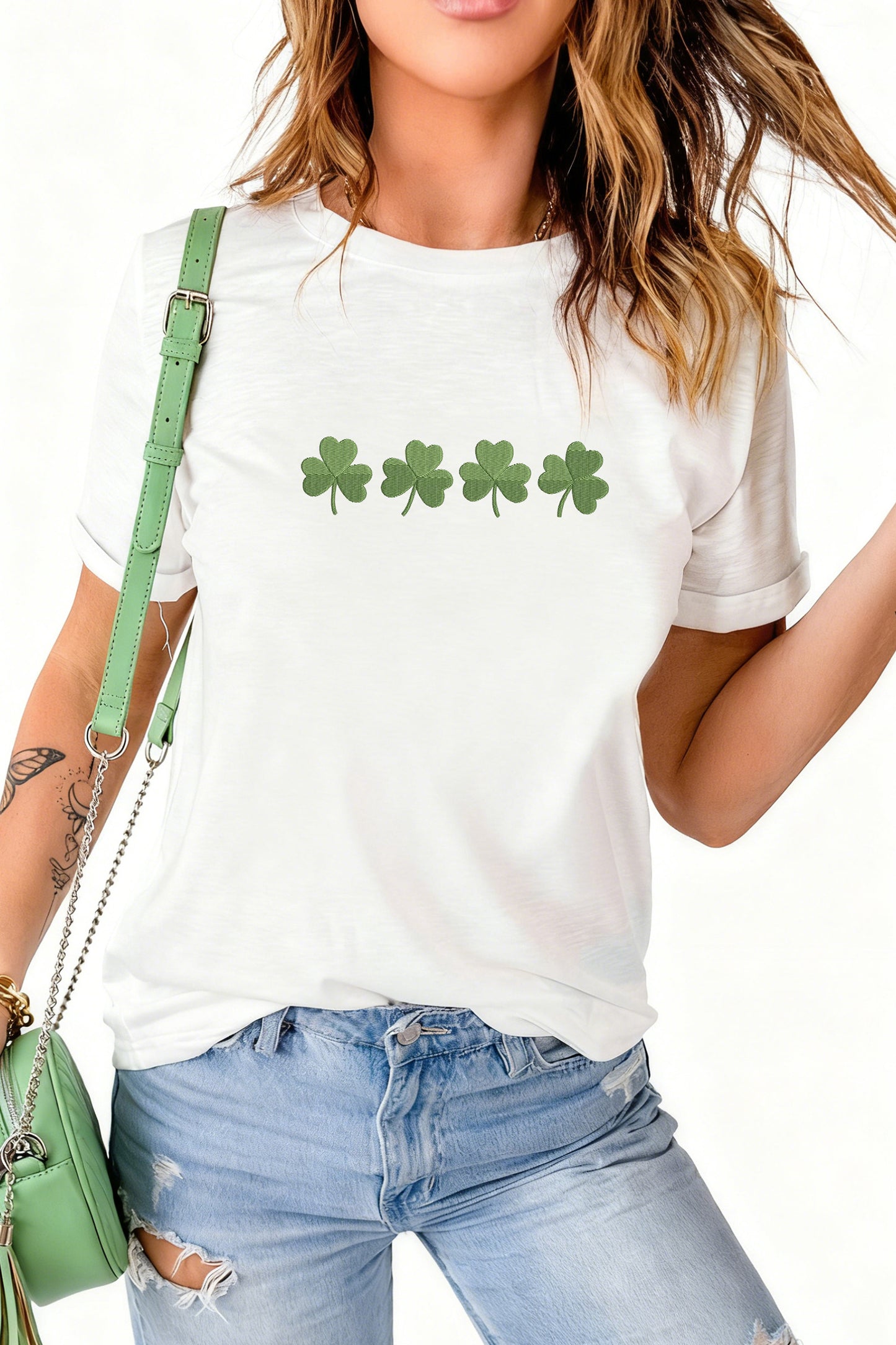 White Embroidered Clover St Patricks Fashion Graphic Tee🍀