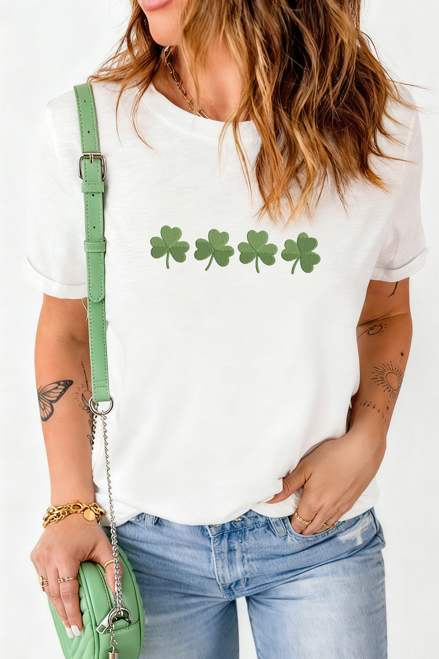 White Embroidered Clover St Patricks Fashion Graphic Tee🍀