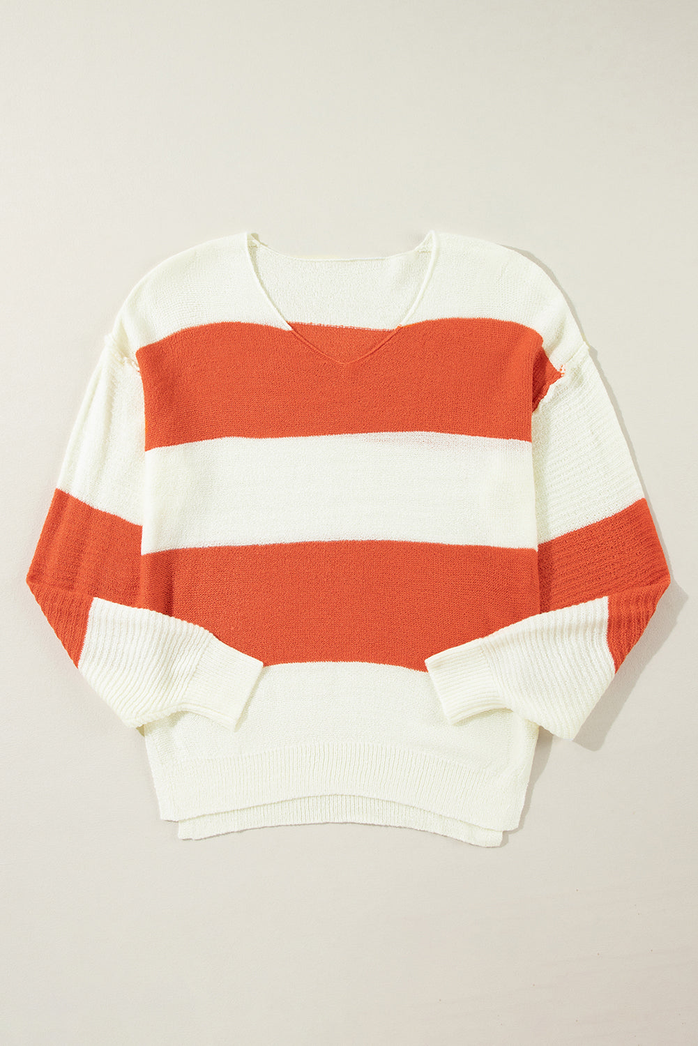Red Stripe Colorblock V Neck Side Slits Sweater♥️