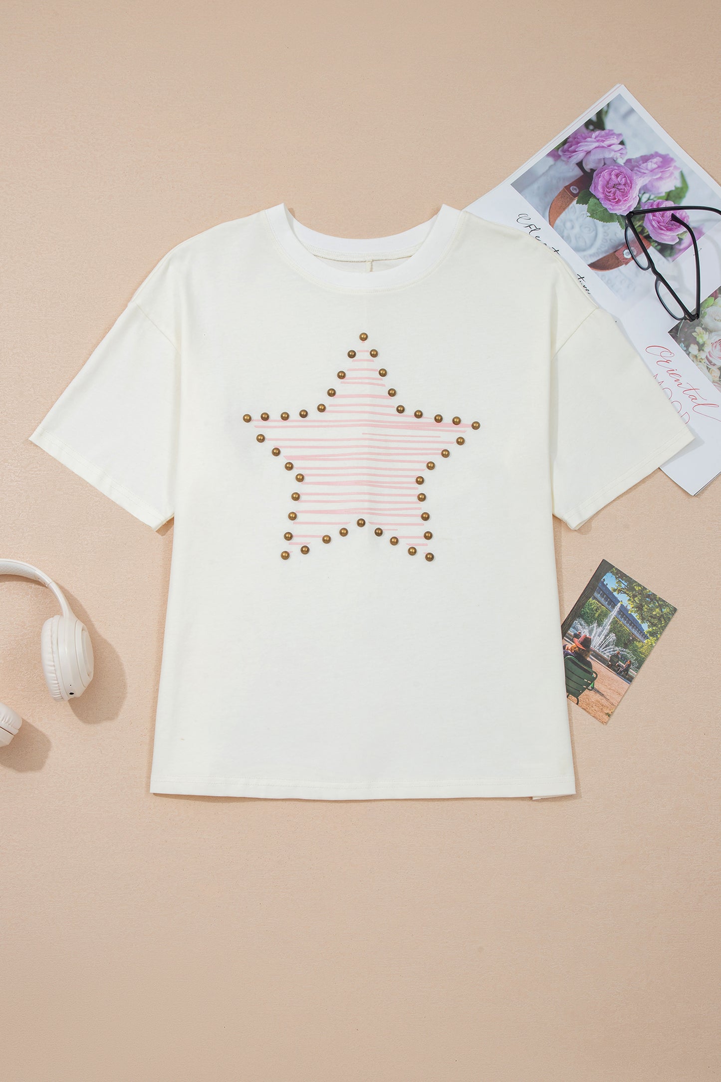 Beige Star Print Stud Detail Cotton Jersey Top🌟