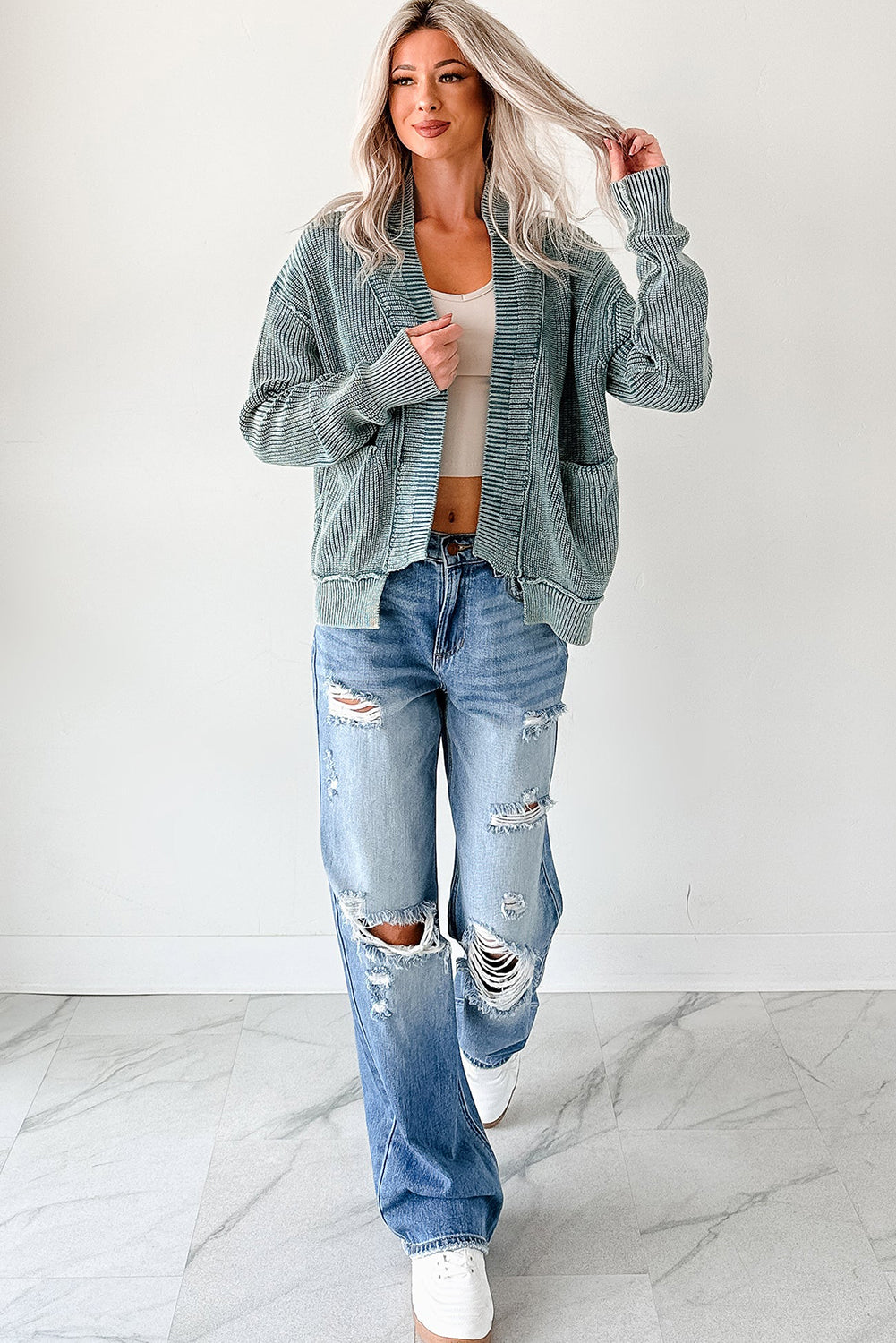 Evergreen Mineral Wash Exposed Seam Patchwork Knit Cardigan🩵