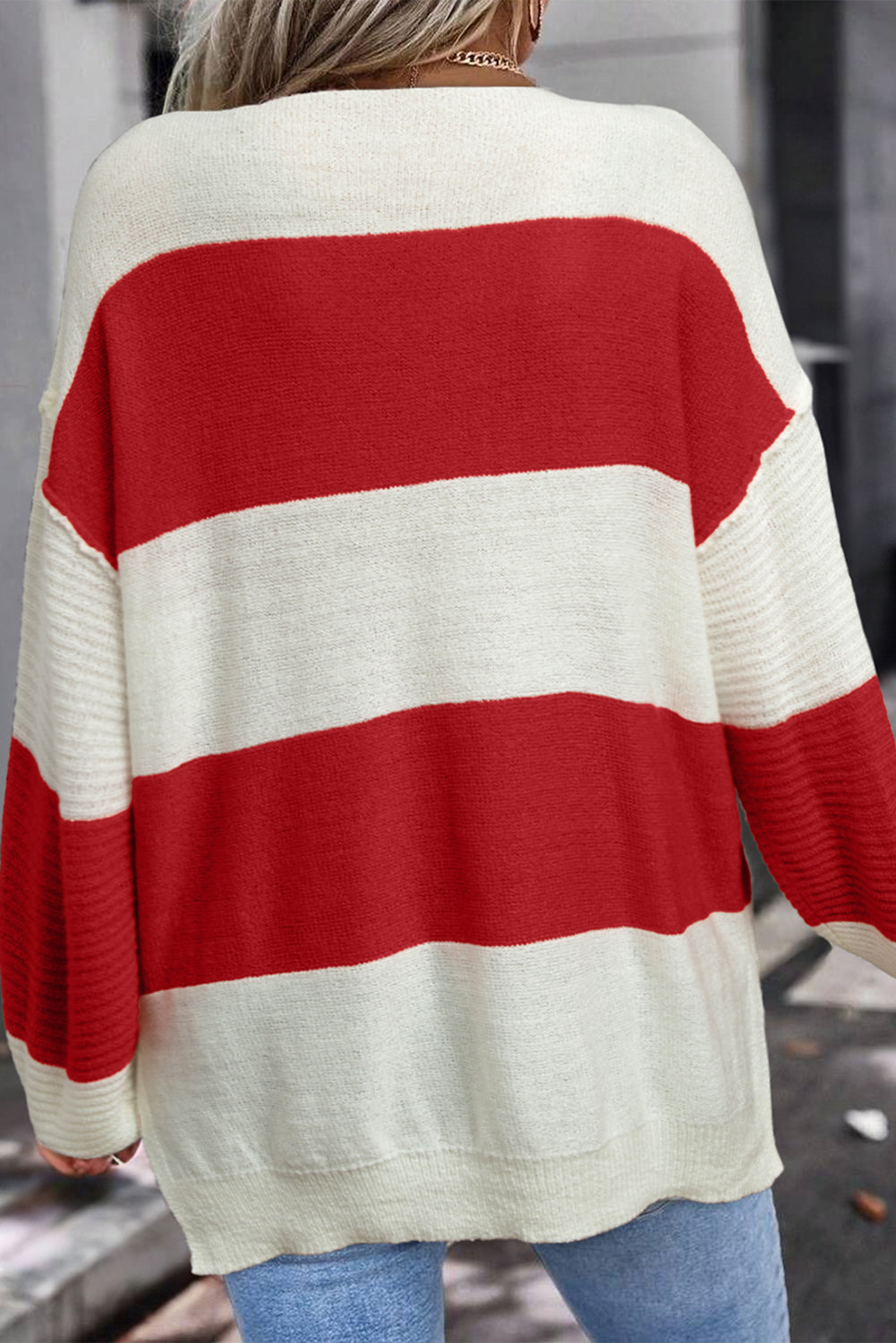 Red Stripe Colorblock V Neck Side Slits Sweater♥️