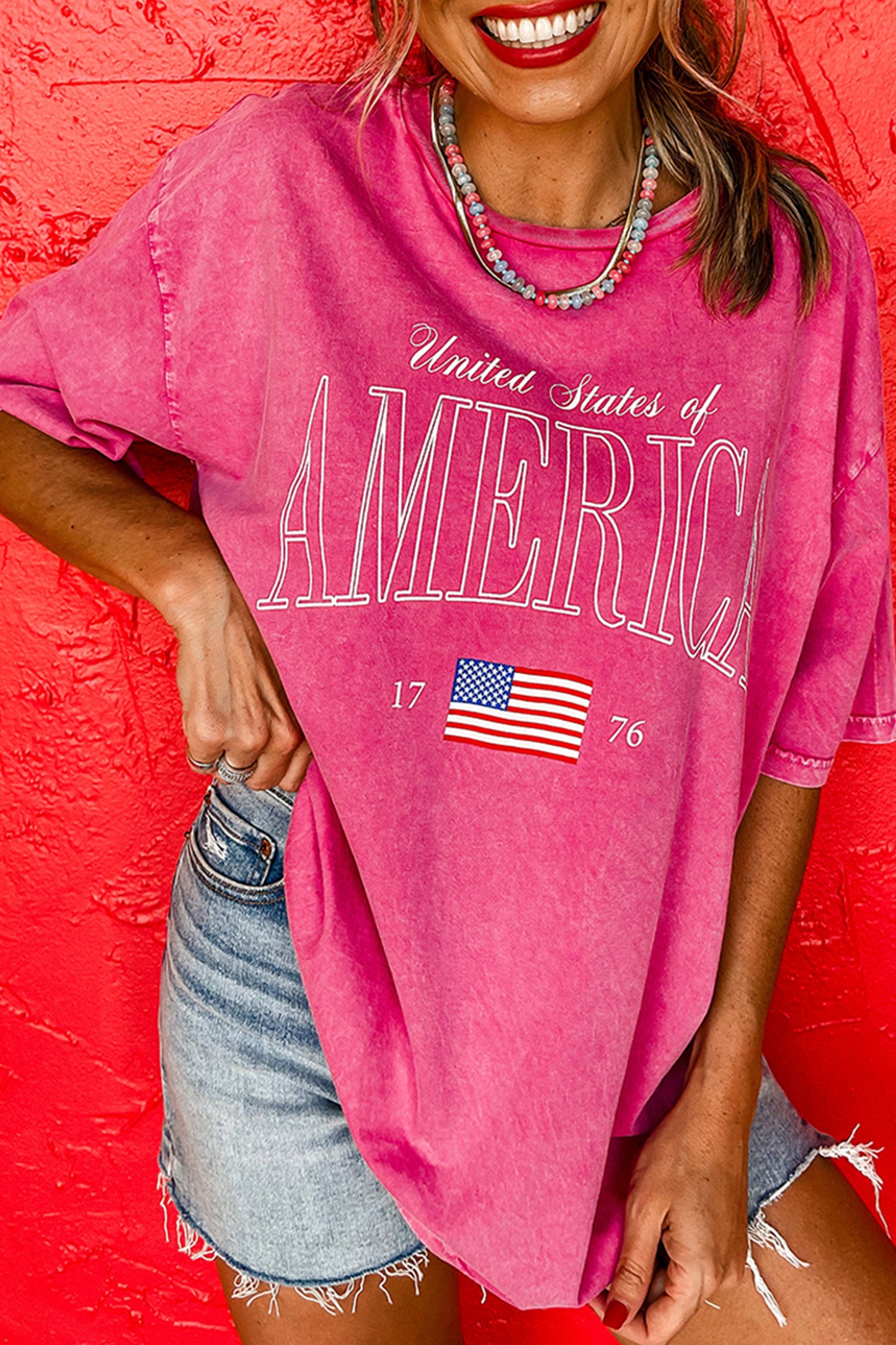 Rose Red AMERICA 1776 Mineral Wash Graphic Oversize Tee🇺🇸