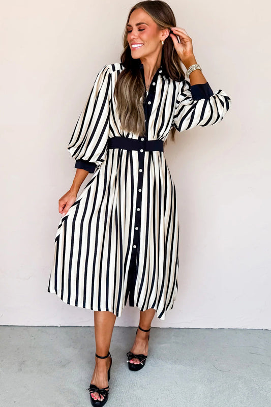 Black Stripe 3/4 Puff Sleeve Shirt Style Button Down Midi Dress 👗👸🏻✨
