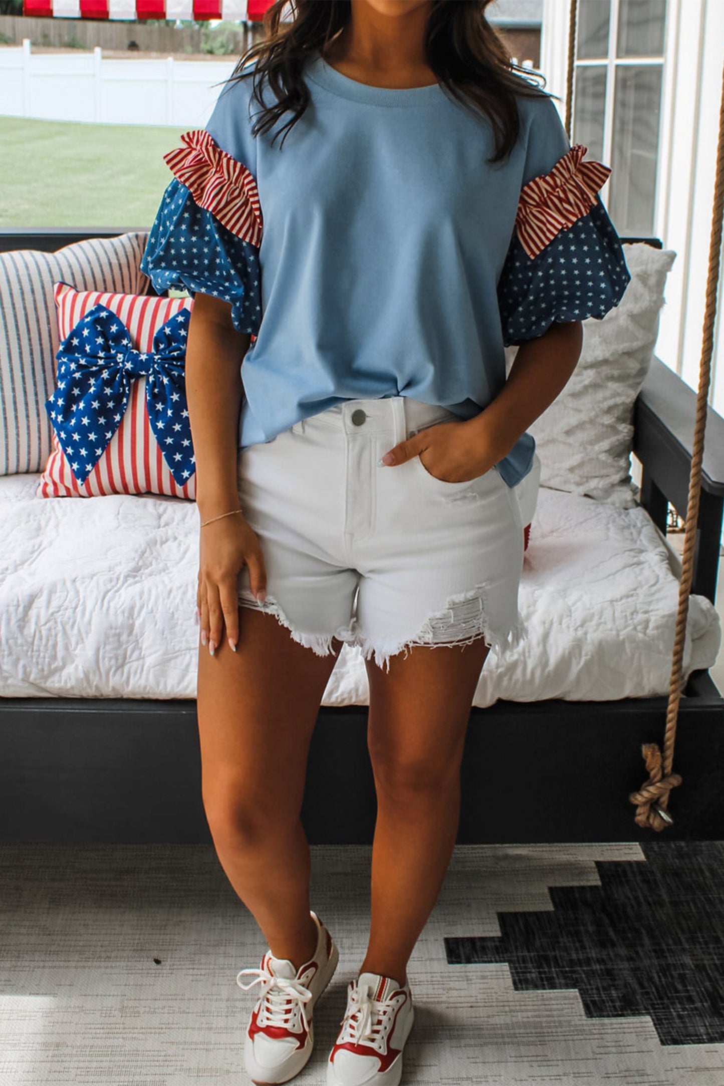 Beau Blue Stars Stripes Short Puff Sleeve Top🇺🇸