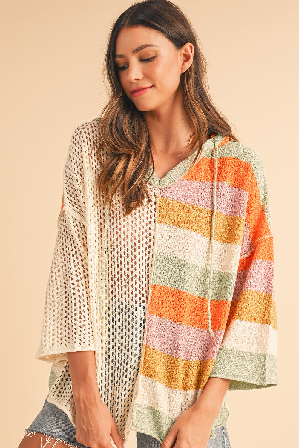 Pink Oversized Colorblock V Neck Hooded Sweater💕