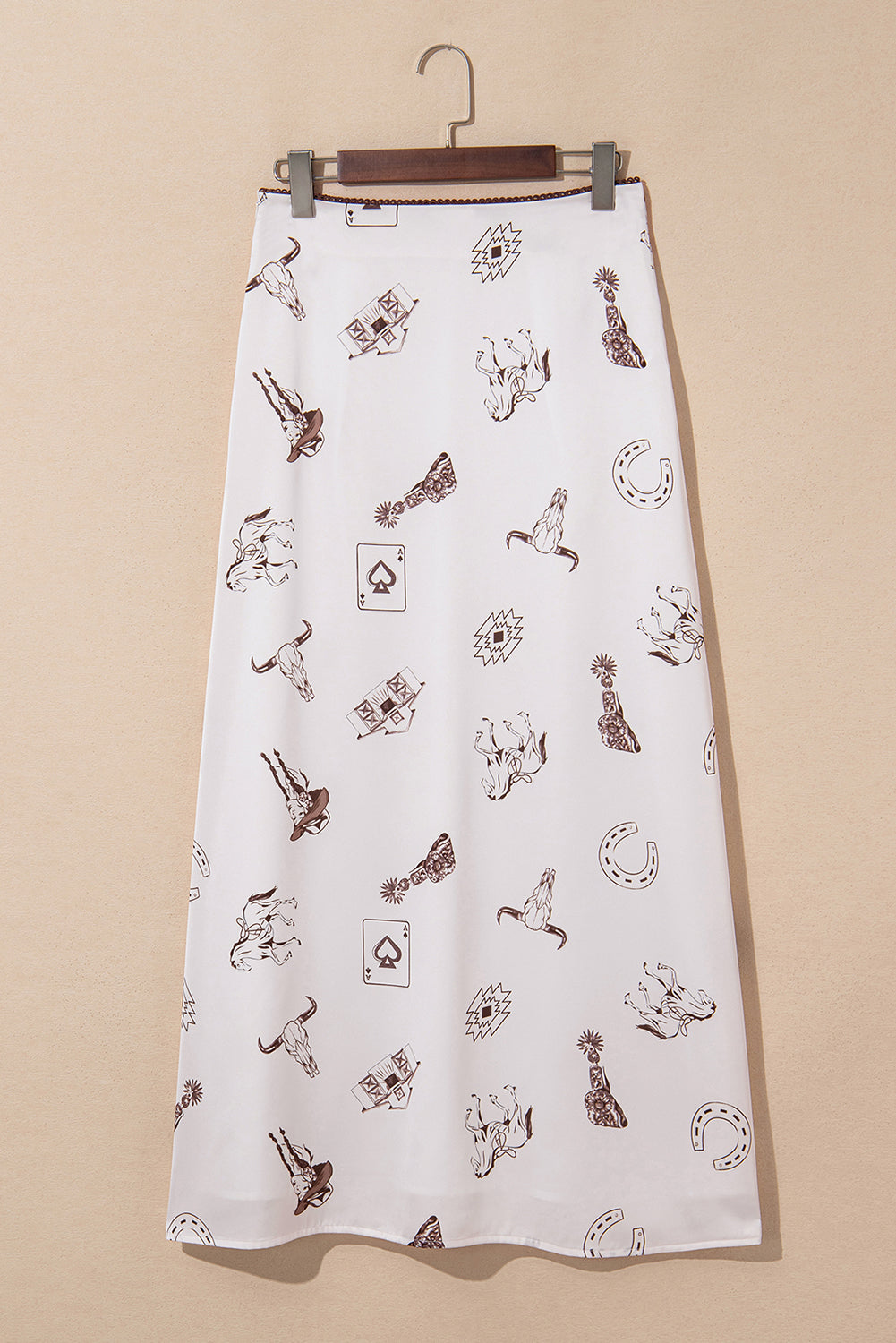 White Western Print Satin Long Skirt