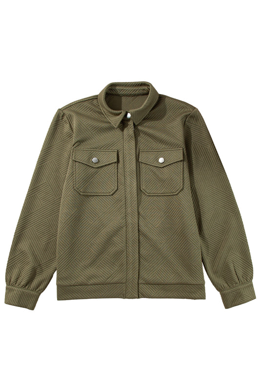 Blackish Green Solid Color Zip Up Button Flap Pocket Shirt Collar Jackets