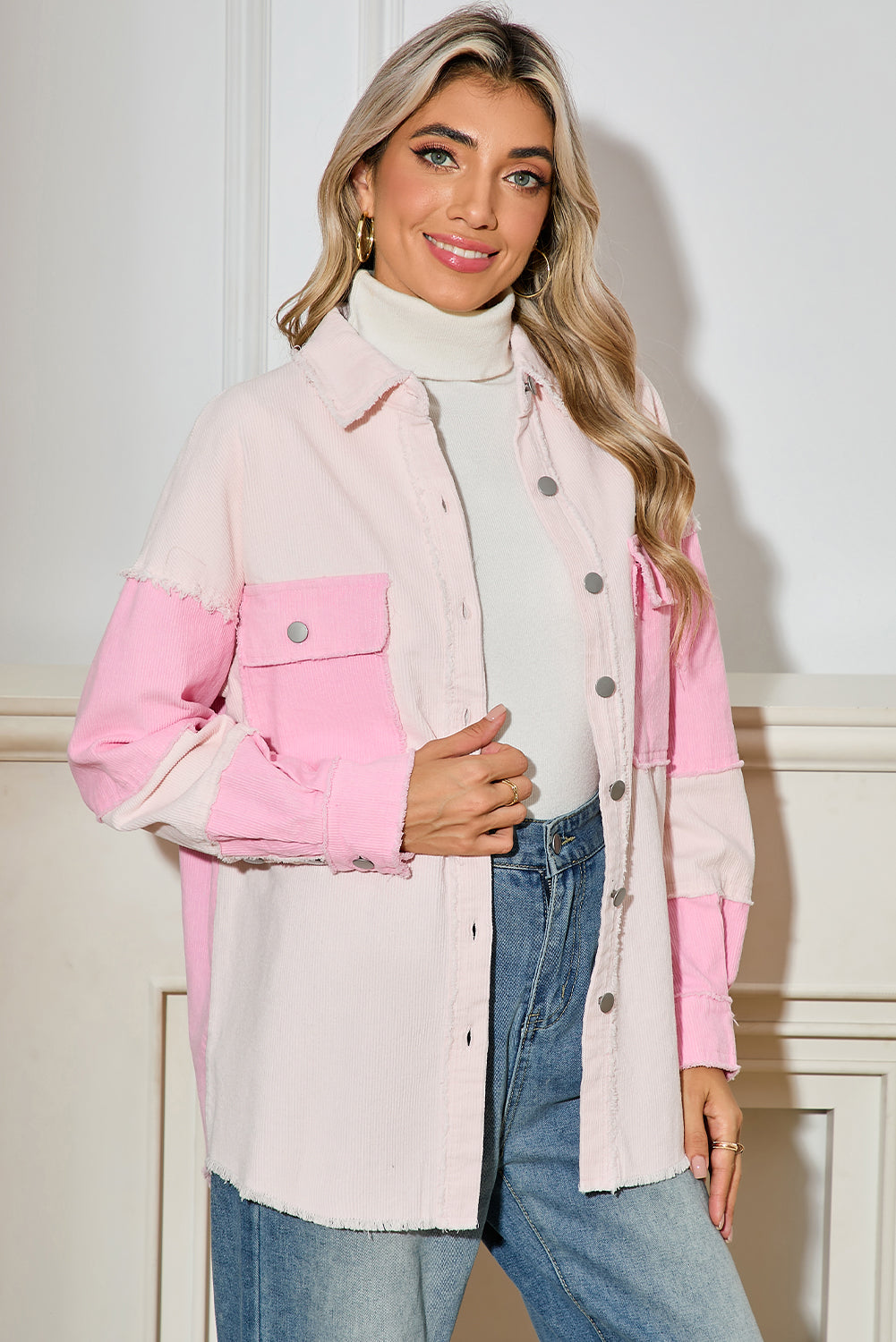 Delicacy Corduroy Two Tone Contrast Exposed Seam Shacket🌸