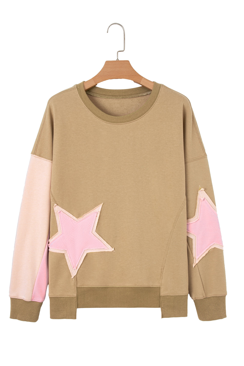 Rose Pink Star Patchwork Exposed Seam Uneven Hem Sweatshirt