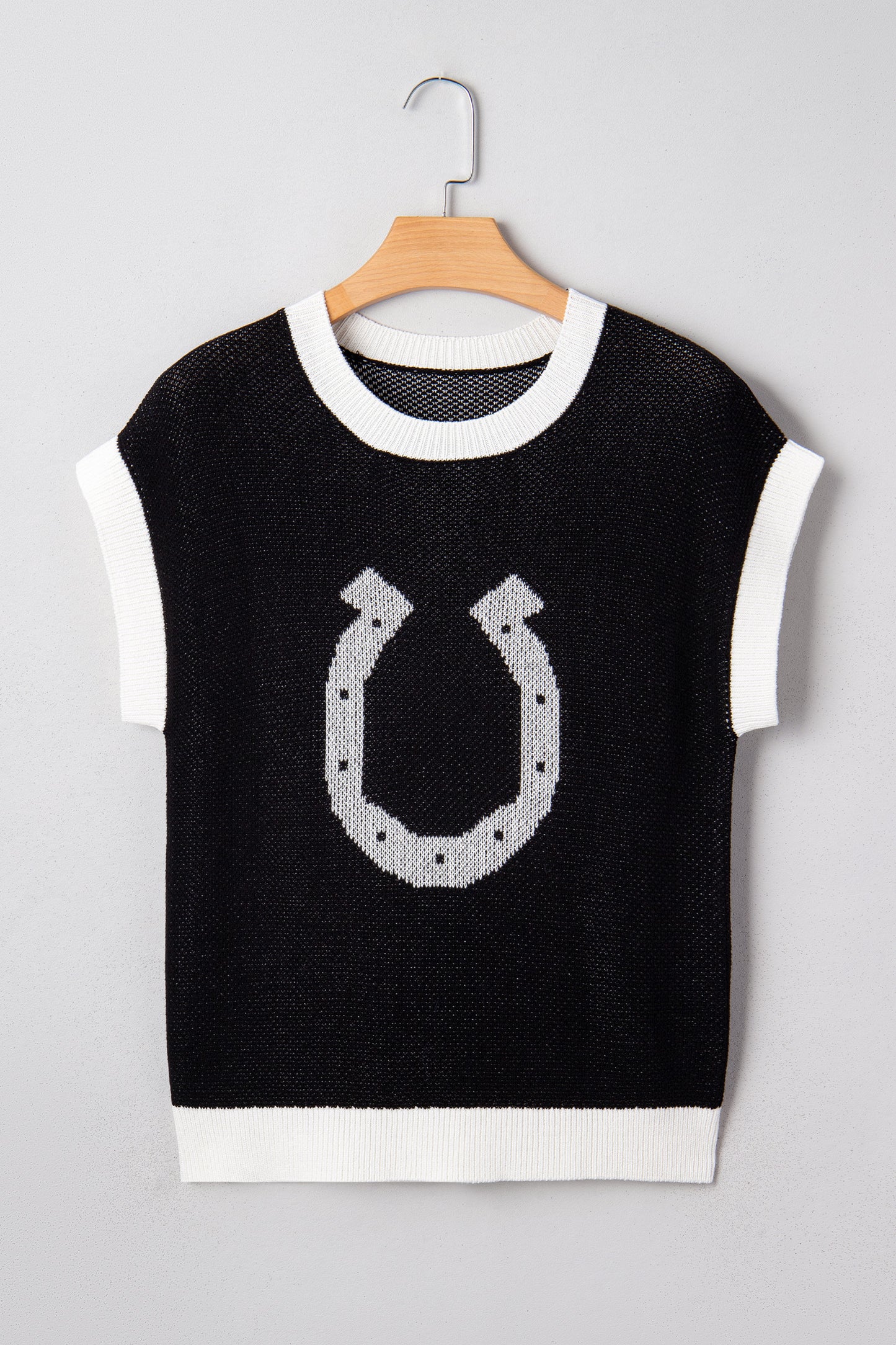Goat Horse Shoe Pattern Contrast Trim Short Sleeve Sweater🤎