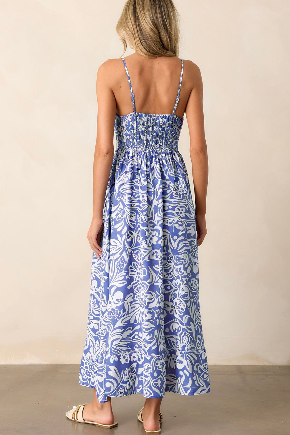 Sky Blue Floral Print Spaghetti Strap High Waist Maxi Dress💙