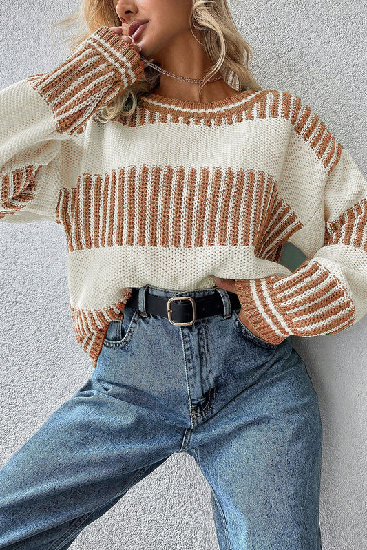 🤎Khaki Two Tone Striped Patchwork Drop Shoulder Sweater🤎
