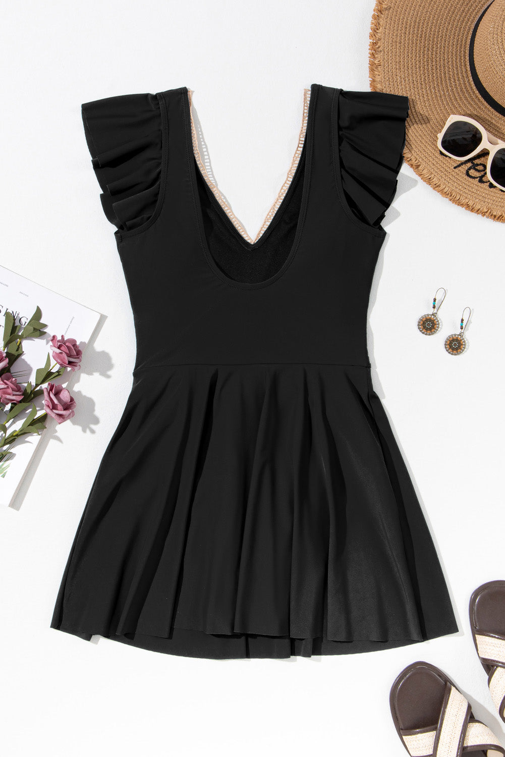 Navy Blue Ruffled Short Sleeve Lace Trim V Neck One Piece Swim Dress