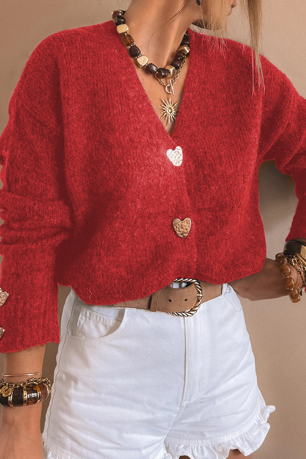 Chicory Coffee V Neck Metallic Heart Button Knit Cardigan