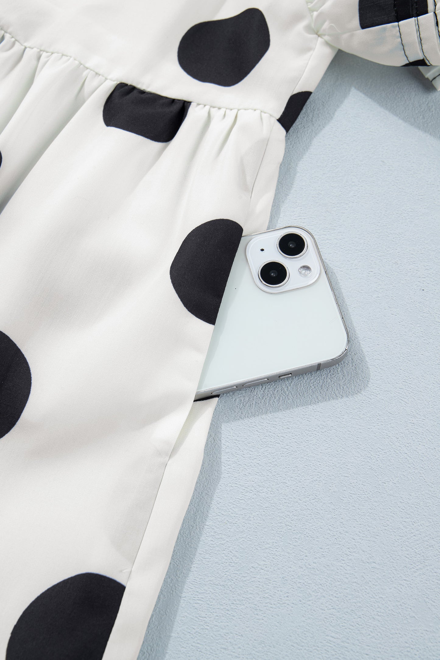 White Polka Dot Print Half Button Ruffled Short Sleeve Loose Mini Dress
