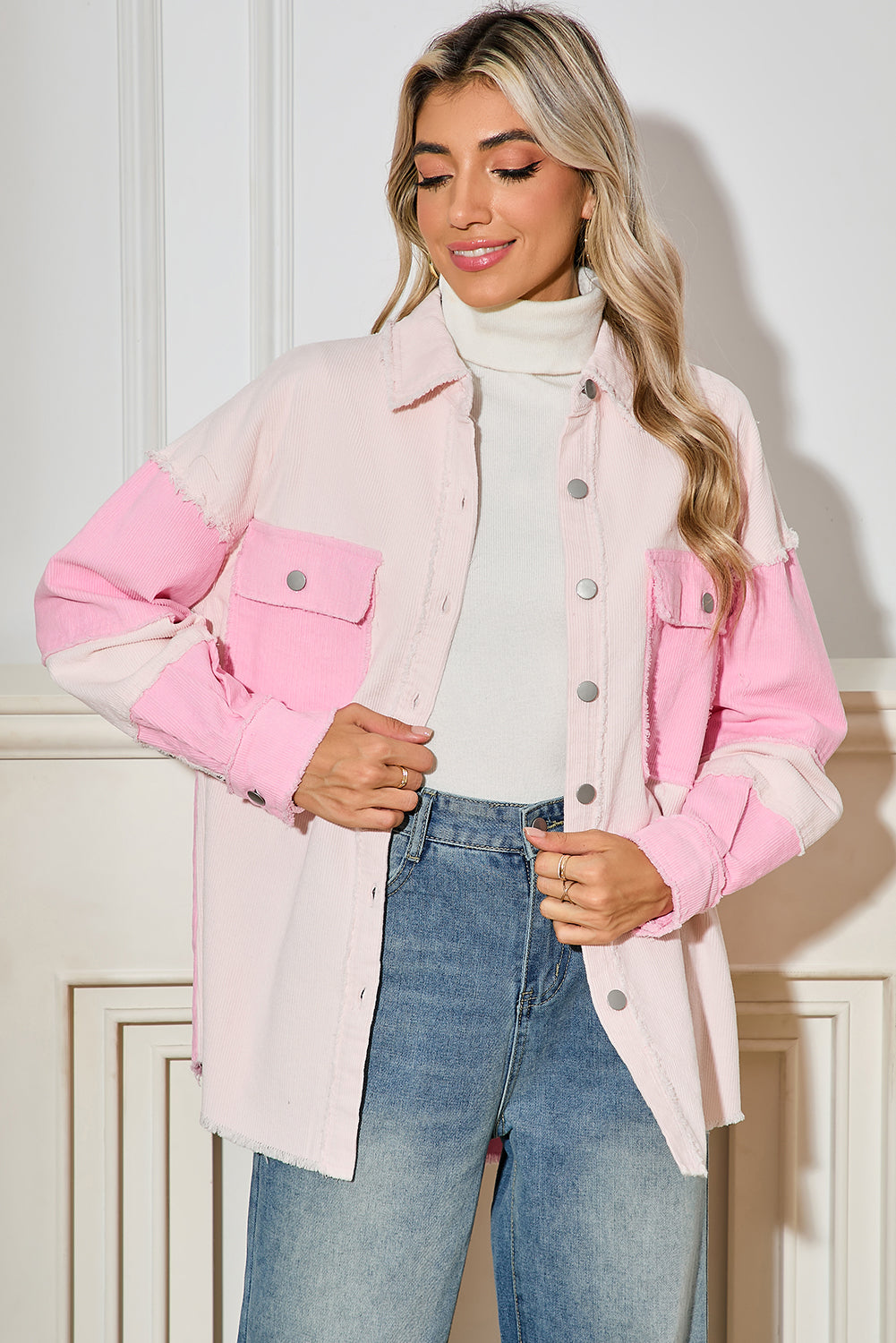 Delicacy Corduroy Two Tone Contrast Exposed Seam Shacket🌸