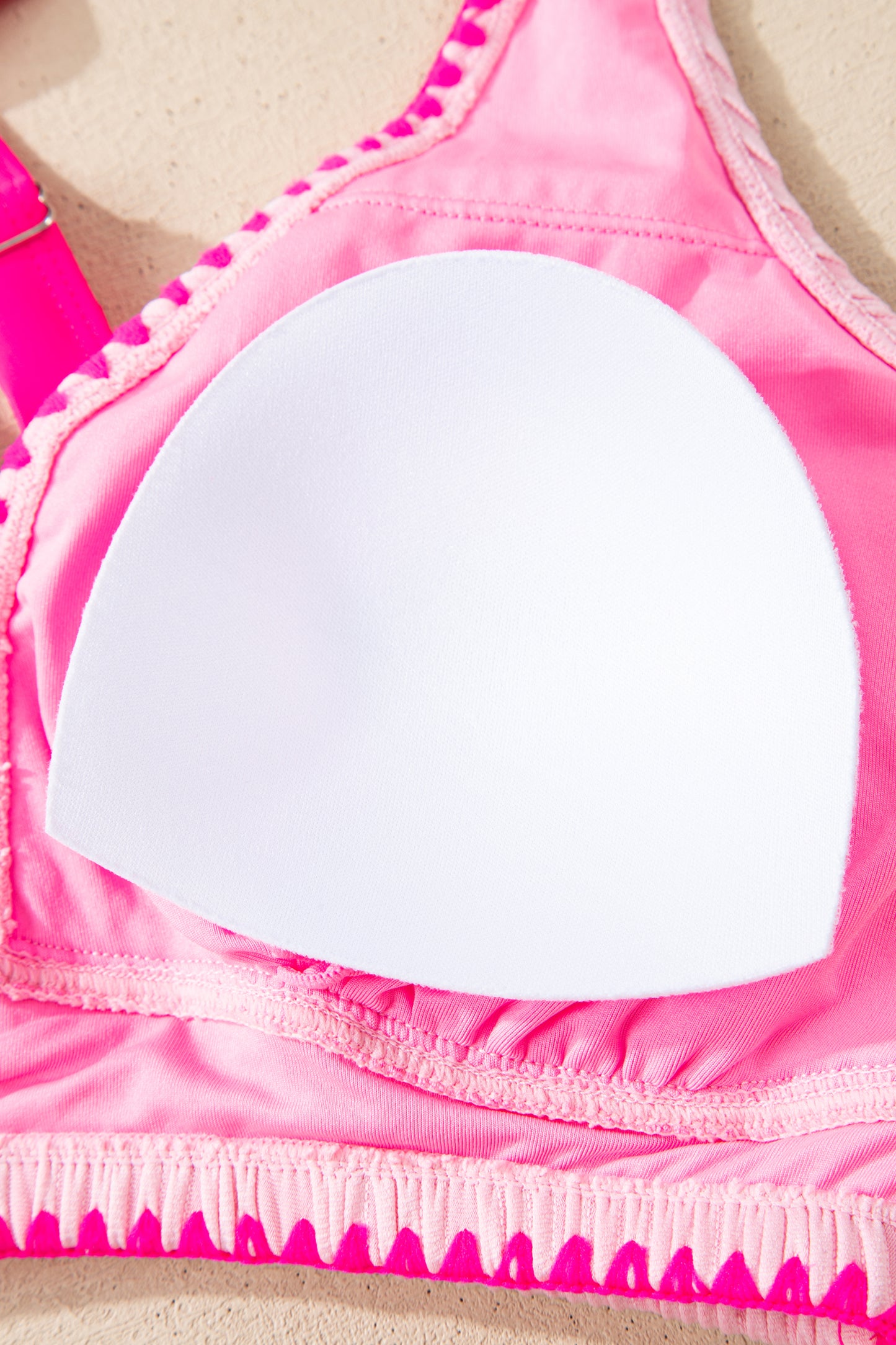 Pink Shell Stitched Trim V Neck Textured Mix and Match High Waist Bikinis