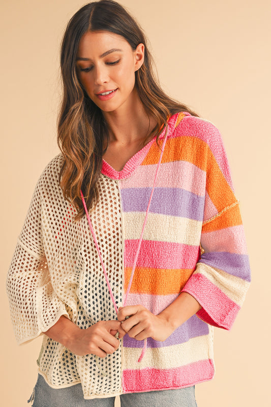 Pink Oversized Colorblock V Neck Hooded Sweater💕