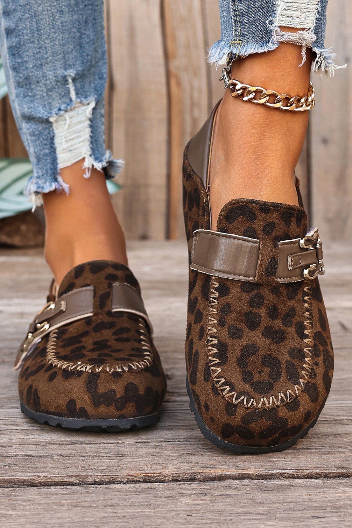 Khaki Faux Suede PU Leather Patchwork Retro Buckle Slip On Shoes