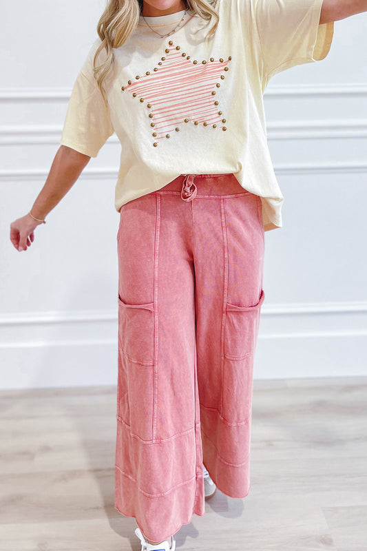 Beige Star Print Stud Detail Cotton Jersey Top🌟