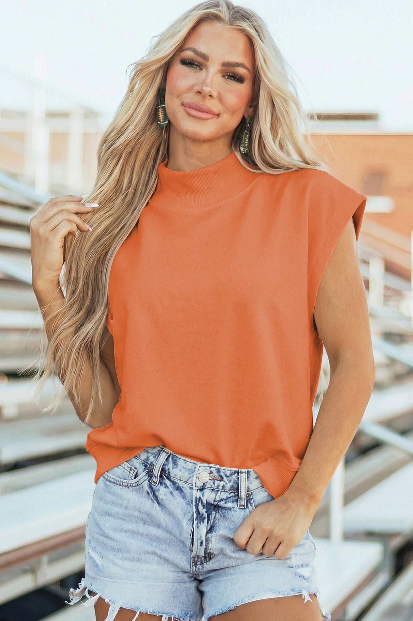 Yellow Solid Color High Neck Cap Sleeve Loose Top✨