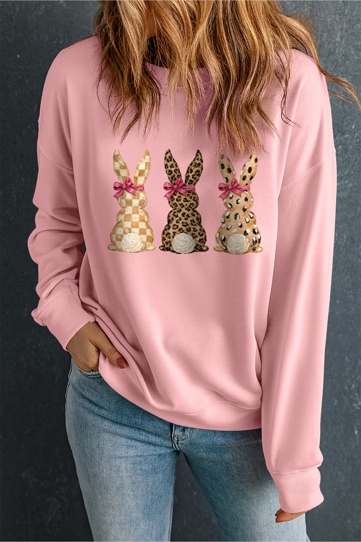 Pink Checkered Leopard Easter Bunny Dropped Shoulder Sweatshirt🐰💕