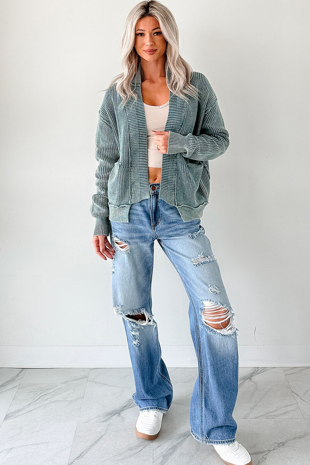 Evergreen Mineral Wash Exposed Seam Patchwork Knit Cardigan🩵