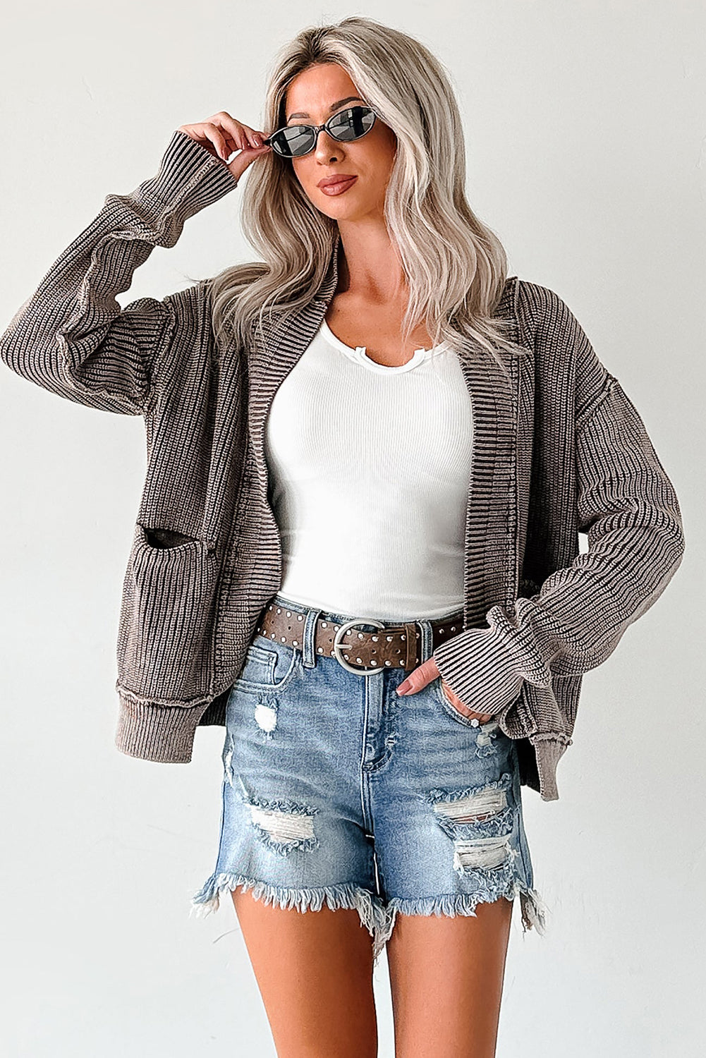 Evergreen Mineral Wash Exposed Seam Patchwork Knit Cardigan🩵